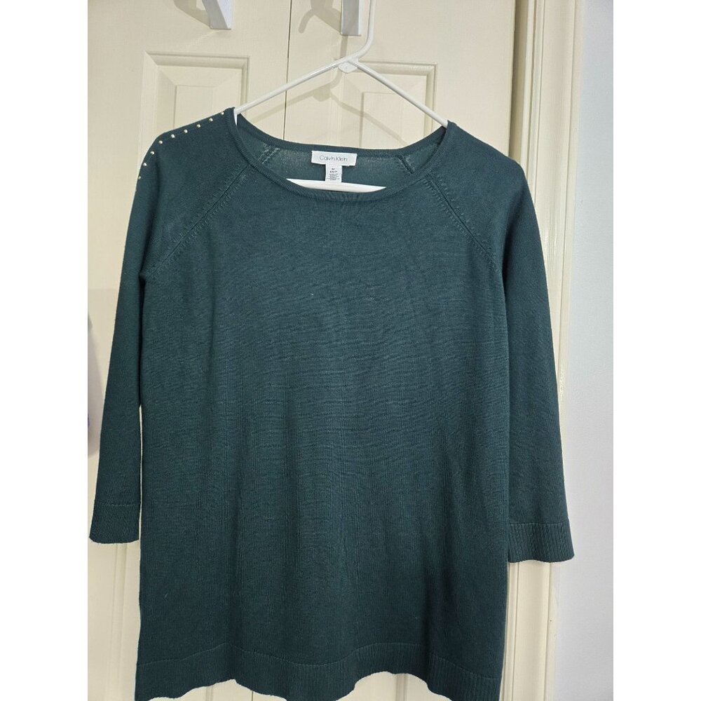 Calvin Klein Green Sweater With Studded Sleeves Rayon Blend 3/4 Sleeves Womens S
